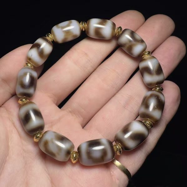 Authentic Tibetan Gray Patina Tiger-Tooth Dzi Beads Multigem Bracelet